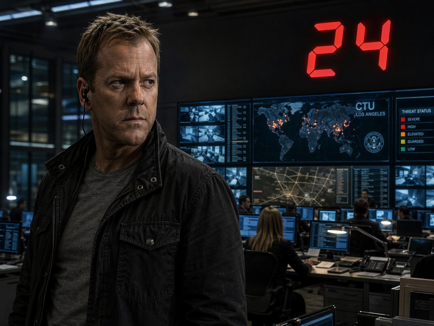 Kiefer Sutherland as Jack Bauer in the CTU Los Angeles operations center with a threat status display behind him, 24 title overlay.