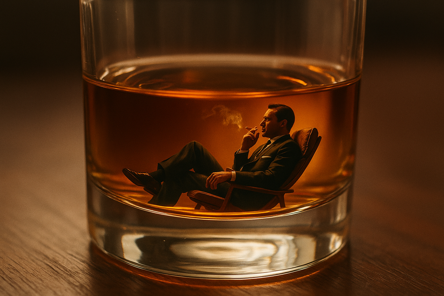 Surreal illustration of a miniature Don Draper seated on a chair inside a large glass of whisky.