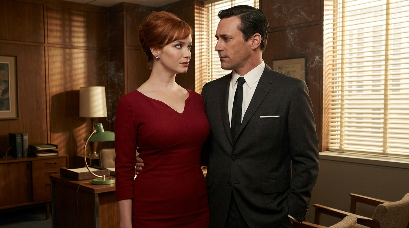Illustration of Don Draper standing with an arm around Joan Holloway, who wears a red dress, in a wood-panelled office.