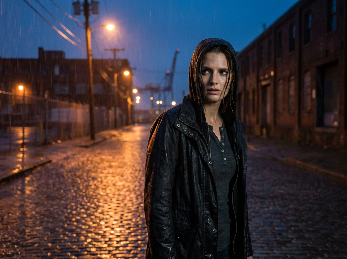 Emily Byrne in a dark hooded jacket on a wet industrial street, with lamps and a crane behind her.