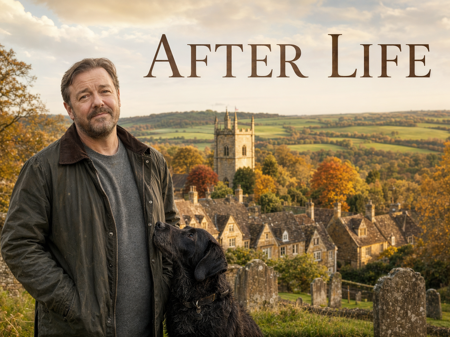 Ricky Gervais as Tony Johnson with a black Labrador at his side in a Cotswold village churchyard with a Norman church tower and autumn countryside behind them, After Life title overlay.