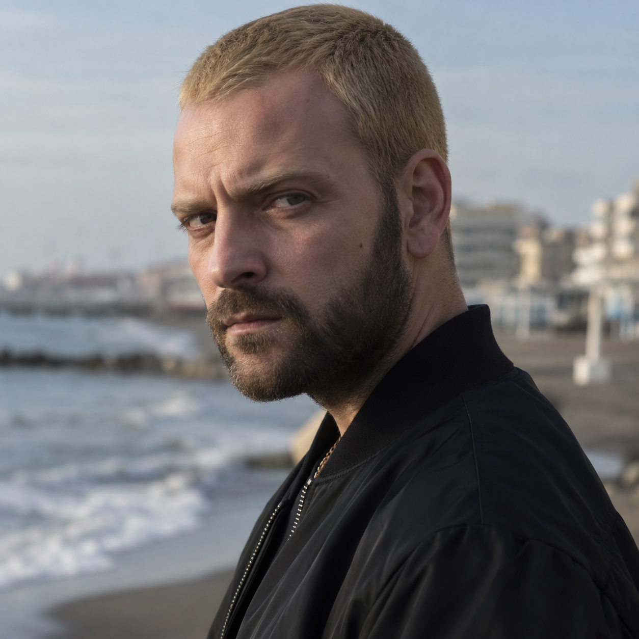 Alessandro Borghi as Aureliano Adami, with short blond hair and a dark shirt by the coast.