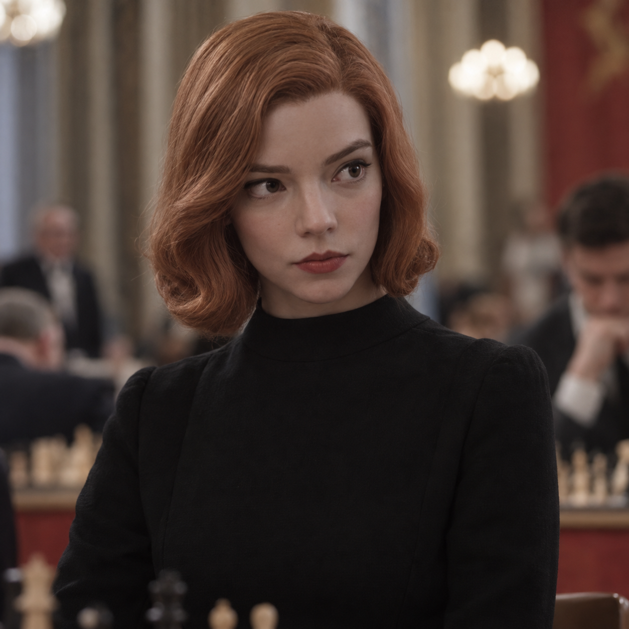 Anya Taylor-Joy as Beth Harmon with an auburn bob and black dress in a chess tournament hall.