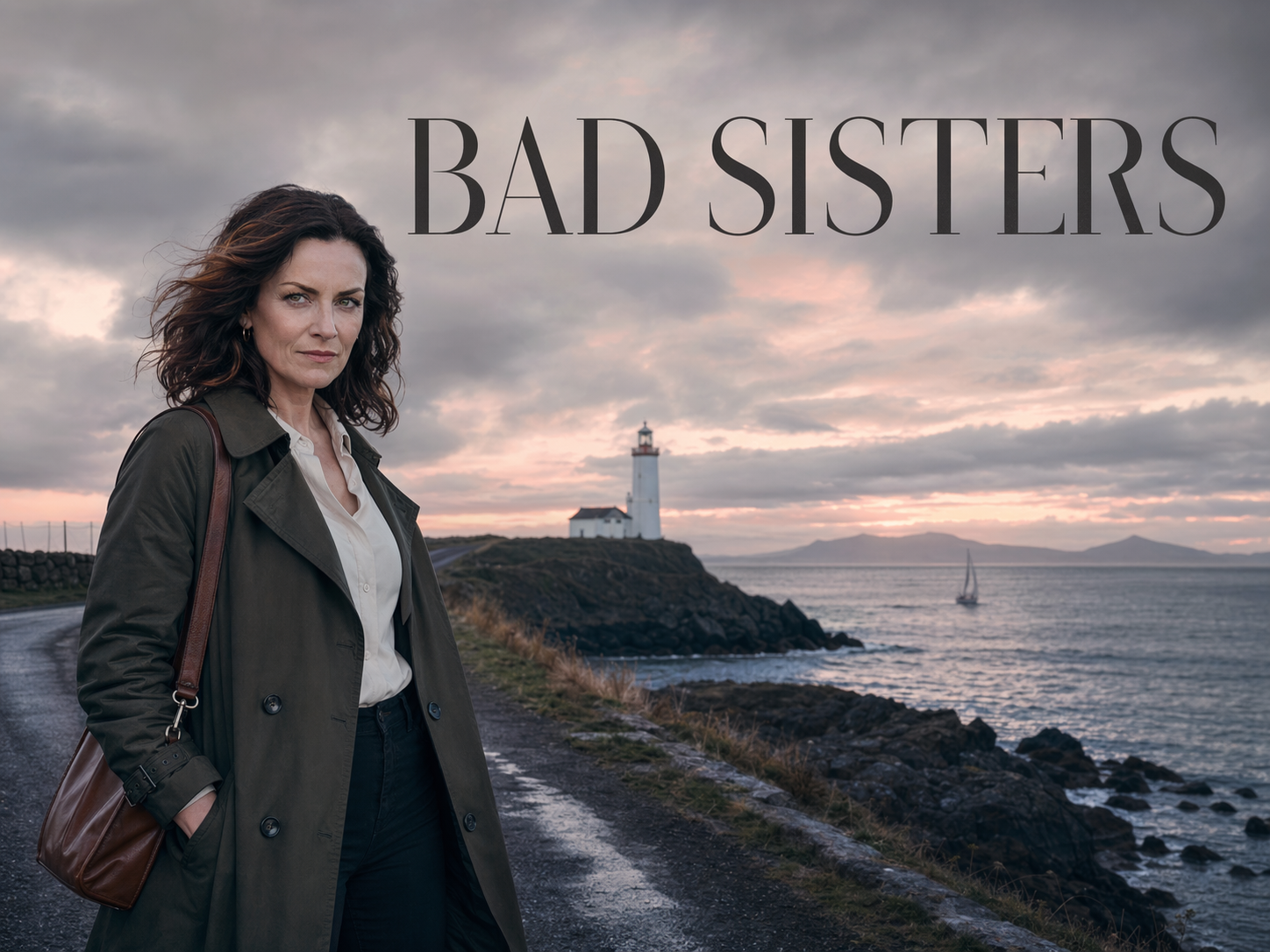 Sharon Horgan as Eva Garvey in a dark olive trench coat on a windswept Dublin Bay coastal road at dusk with a lighthouse and the Irish Sea behind her, Bad Sisters title overlay.