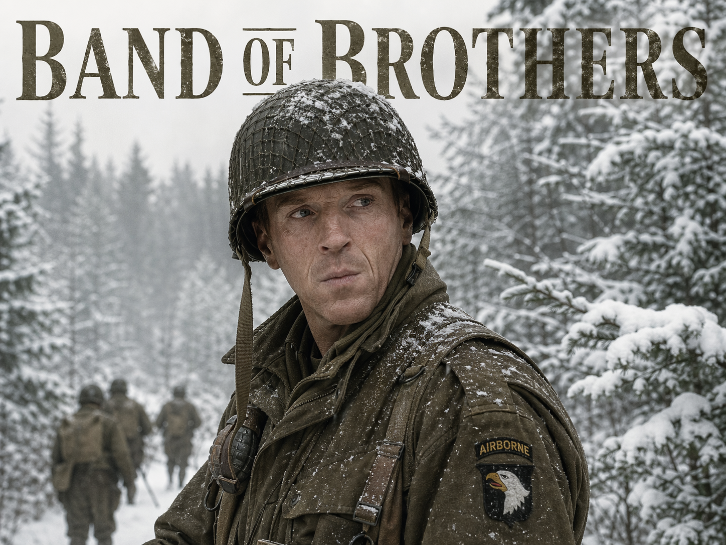 Damian Lewis as Major Dick Winters in a snow-covered Ardennes forest wearing a paratrooper helmet and olive-drab M-1943 field jacket with 101st Airborne patch, Band of Brothers title overlay.