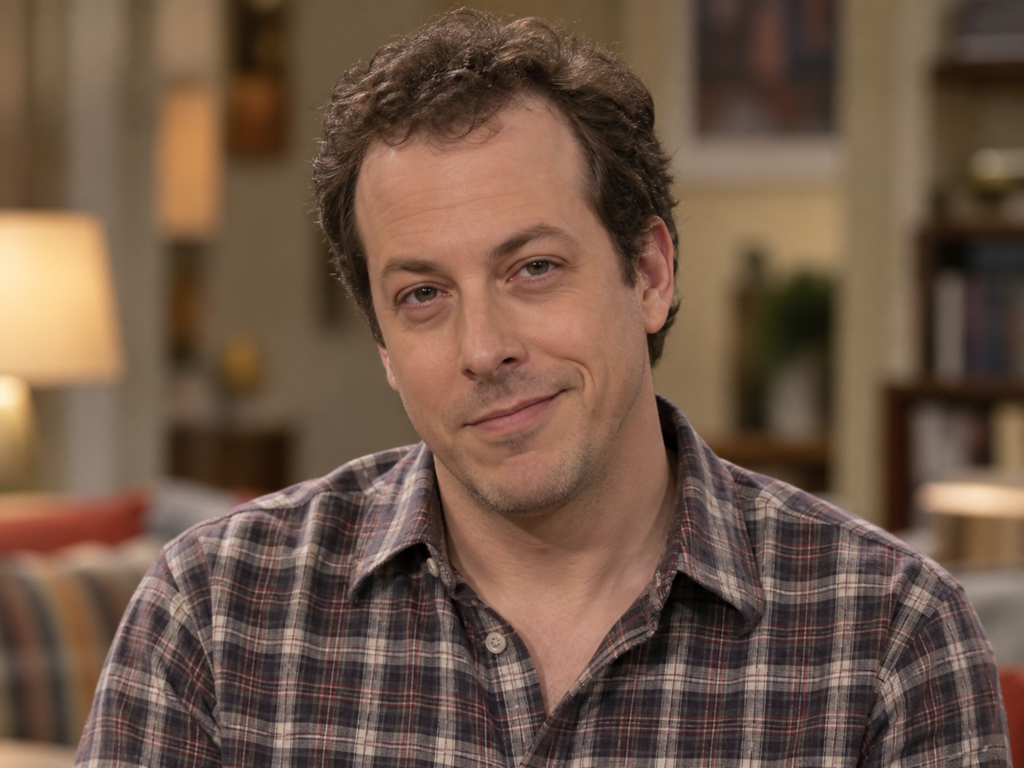 John Ross Bowie as Barry Kripke, with short curly brown hair, light stubble and a checked shirt, against a softly blurred interior.