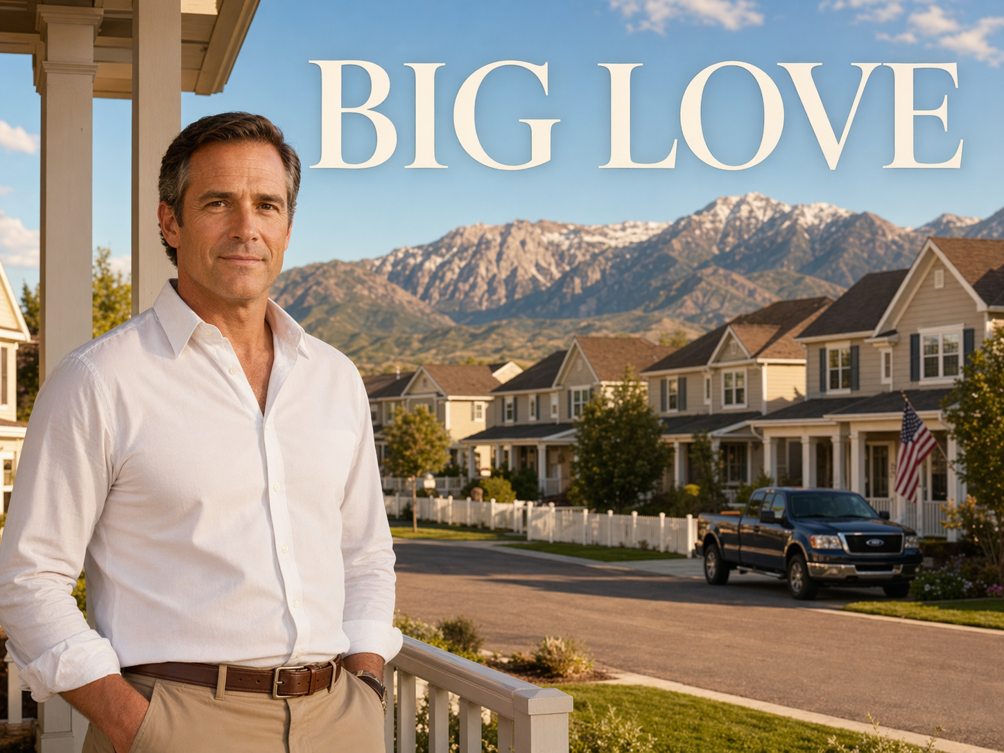 Bill Paxton as Bill Henrickson in a white shirt and khakis on the porch of a Utah suburban home with matching houses and the Wasatch Mountains behind him, Big Love title overlay.