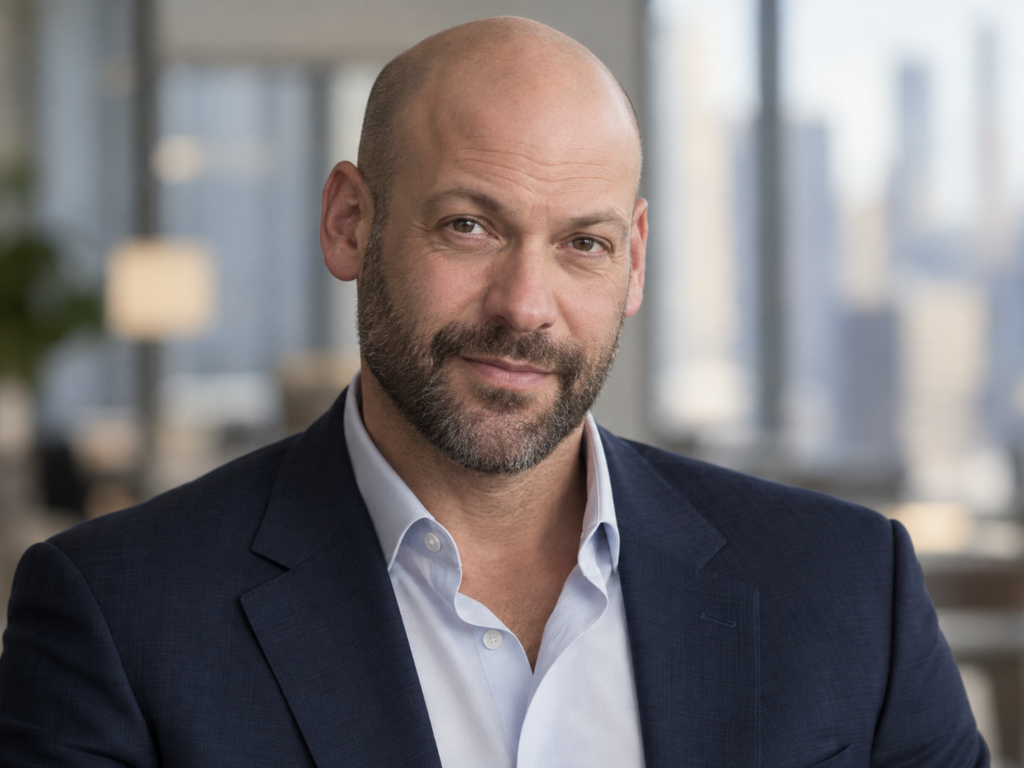Corey Stoll as Mike Prince, with a close-trimmed beard, navy suit and open-collared pale shirt.