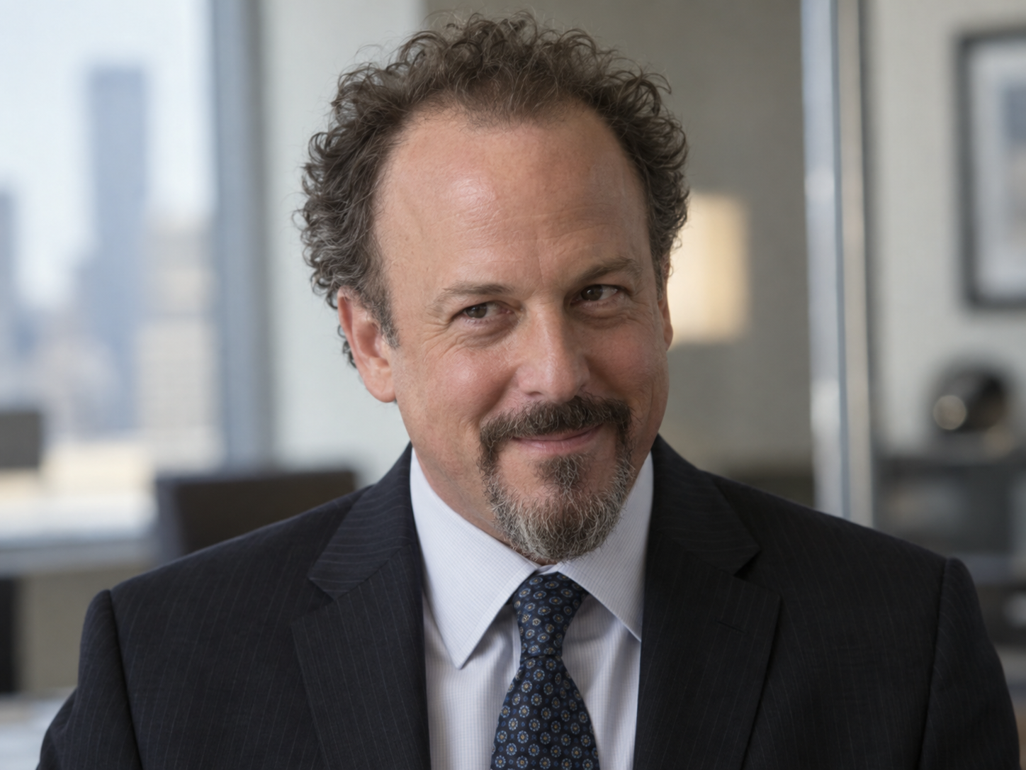 David Costabile as Mike “Wags” Wagner, with curly greying hair and a pointed goatee, wearing a dark pinstripe suit and patterned tie.