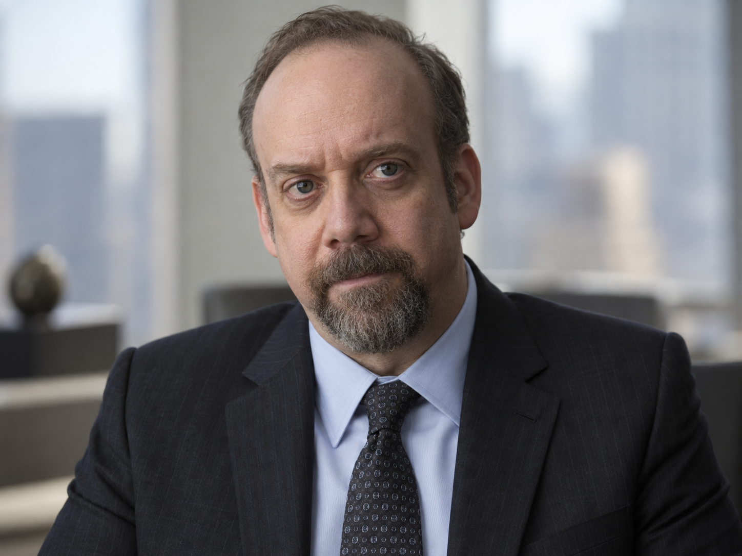 Paul Giamatti as Chuck Rhoades, with a short beard, dark suit, pale blue shirt and patterned tie.