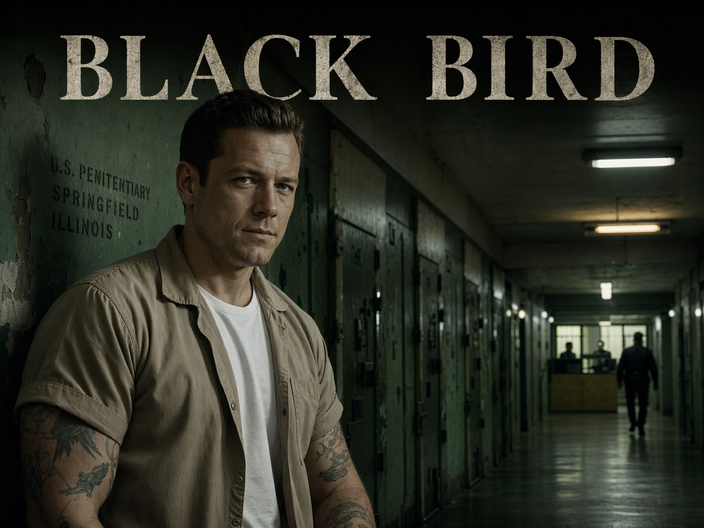 Taron Egerton as Jimmy Keene in a faded khaki prison jumpsuit in a dim corridor of Springfield federal medical prison in early-1990s Illinois, Black Bird title overlay.