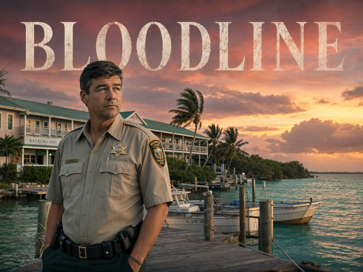Kyle Chandler as Sheriff John Rayburn in khaki uniform on a Florida Keys inn dock with pastel Rayburn Inn buildings and turquoise ocean at sunset behind him, Bloodline title overlay.