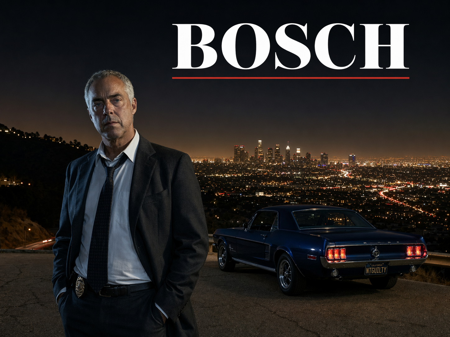Titus Welliver as LAPD detective Harry Bosch on a Mulholland Drive overlook at night with a vintage navy Ford Mustang and the Los Angeles skyline behind him, Bosch title overlay.