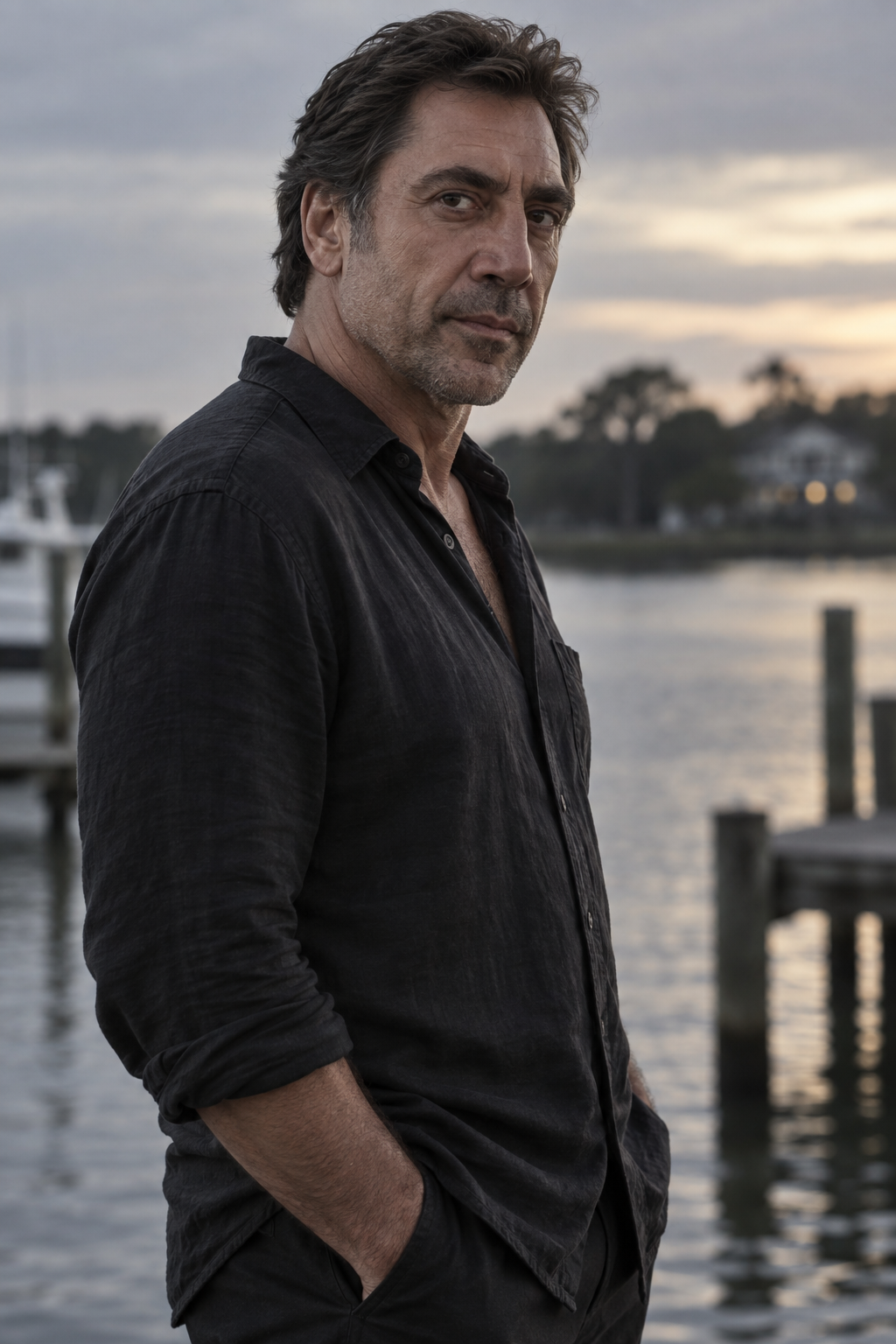 Waist-up portrait of Javier Bardem as Max Cady, wearing a dark shirt beside softly blurred water.
