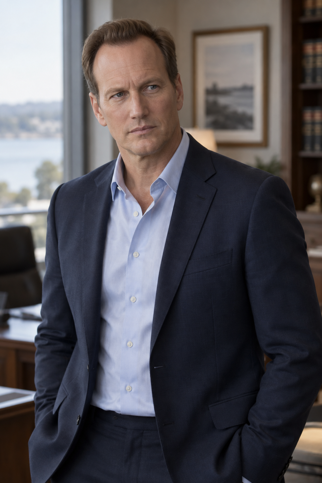 Waist-up portrait of Patrick Wilson as Tom Bowden, in a navy jacket and pale blue shirt.