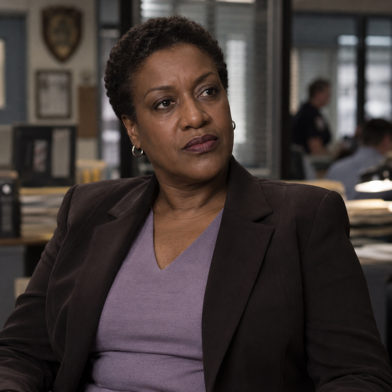 CCH Pounder as Claudette Wyms, wearing a dark blazer and purple blouse in a precinct office.
