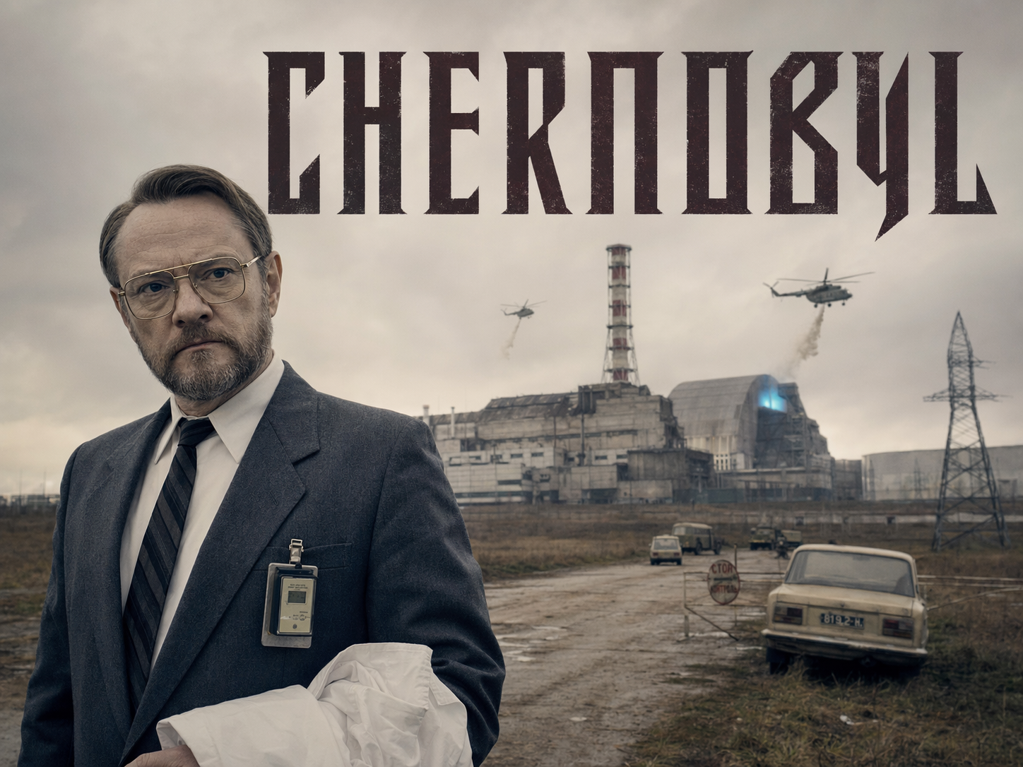 Jared Harris as Valery Legasov in grey suit and lab coat at the edge of the Chernobyl Exclusion Zone with the Reactor 4 sarcophagus and Soviet helicopters behind him, Chernobyl title overlay.