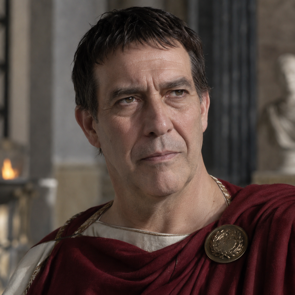 Head-and-shoulders portrait of Ciarán Hinds as Julius Caesar in Rome.