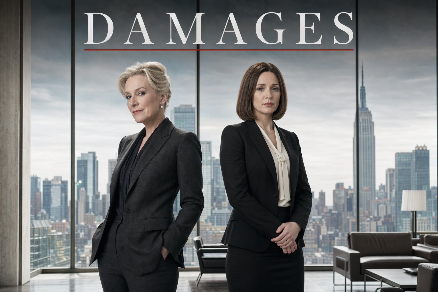 Glenn Close as Patty Hewes and Rose Byrne as Ellen Parsons in sharp suits in a glass-walled New York law firm lobby with the Manhattan skyline behind them, Damages title overlay.