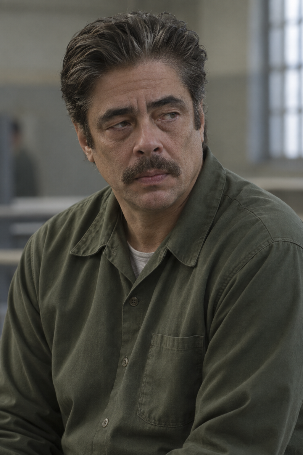 Waist-up portrait of Benicio del Toro as Richard Matt, with greying hair and a moustache, wearing an olive prison shirt.