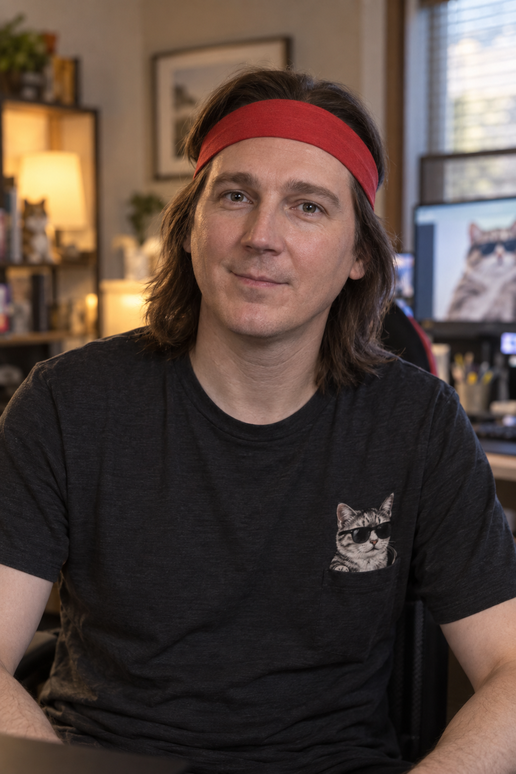 Waist-up portrait of Paul Dano as Keith Gill, wearing a red headband and a dark cat T-shirt, with long brown hair.