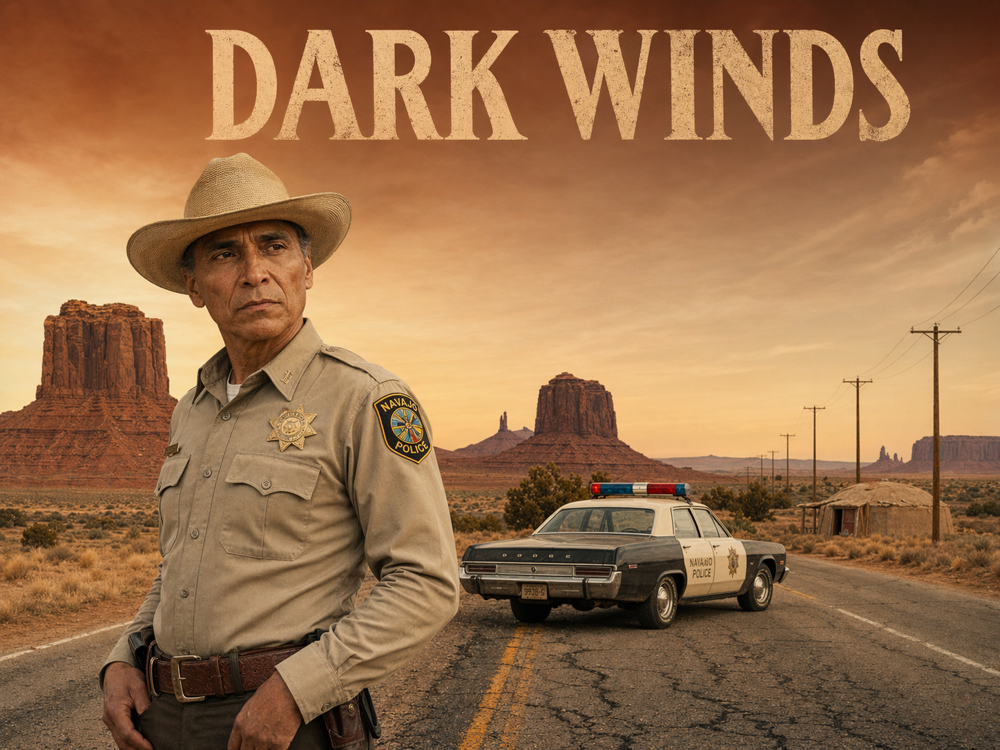 Zahn McClarnon as Lieutenant Joe Leaphorn in a khaki Navajo Tribal Police uniform and cowboy hat on a cracked desert highway with Monument Valley buttes and a tribal cruiser behind him, Dark Winds title overlay.