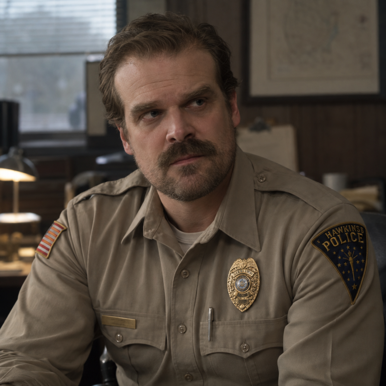 David Harbour as Jim Hopper, wearing a khaki police uniform in an office.