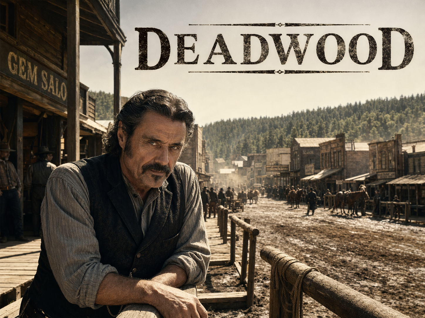 Ian McShane as Al Swearengen leaning on the railing outside the Gem Saloon in muddy 1876 Deadwood South Dakota, Deadwood title overlay.