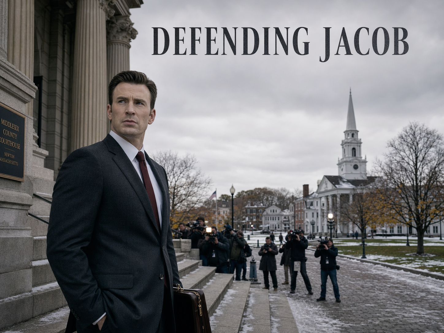 Chris Evans as ADA Andy Barber in a charcoal suit on the steps of a Massachusetts courthouse with a New England church spire and press photographers behind him, Defending Jacob title overlay.
