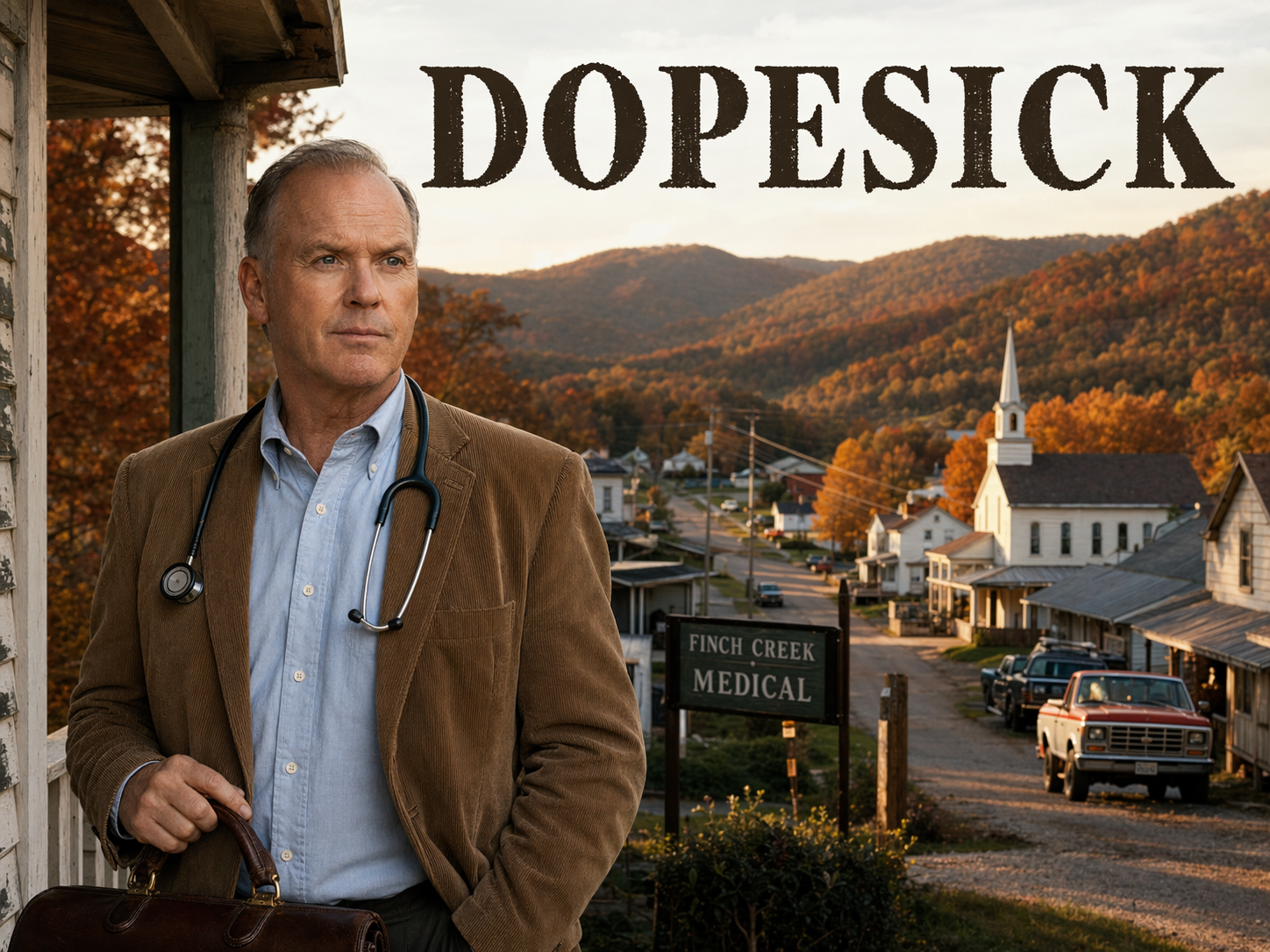 Michael Keaton as Dr Samuel Finnix in a beige corduroy jacket with stethoscope on the porch of a country clinic in Appalachia with a small church and autumn mountains behind him, Dopesick title overlay.