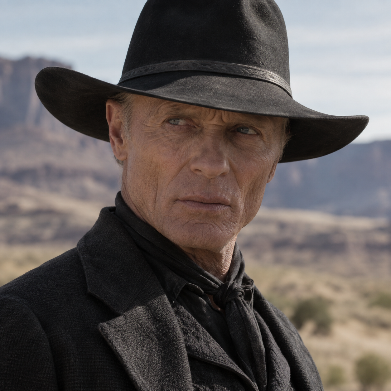 Ed Harris as Man in Black, wearing a black hat and coat in a desert landscape.