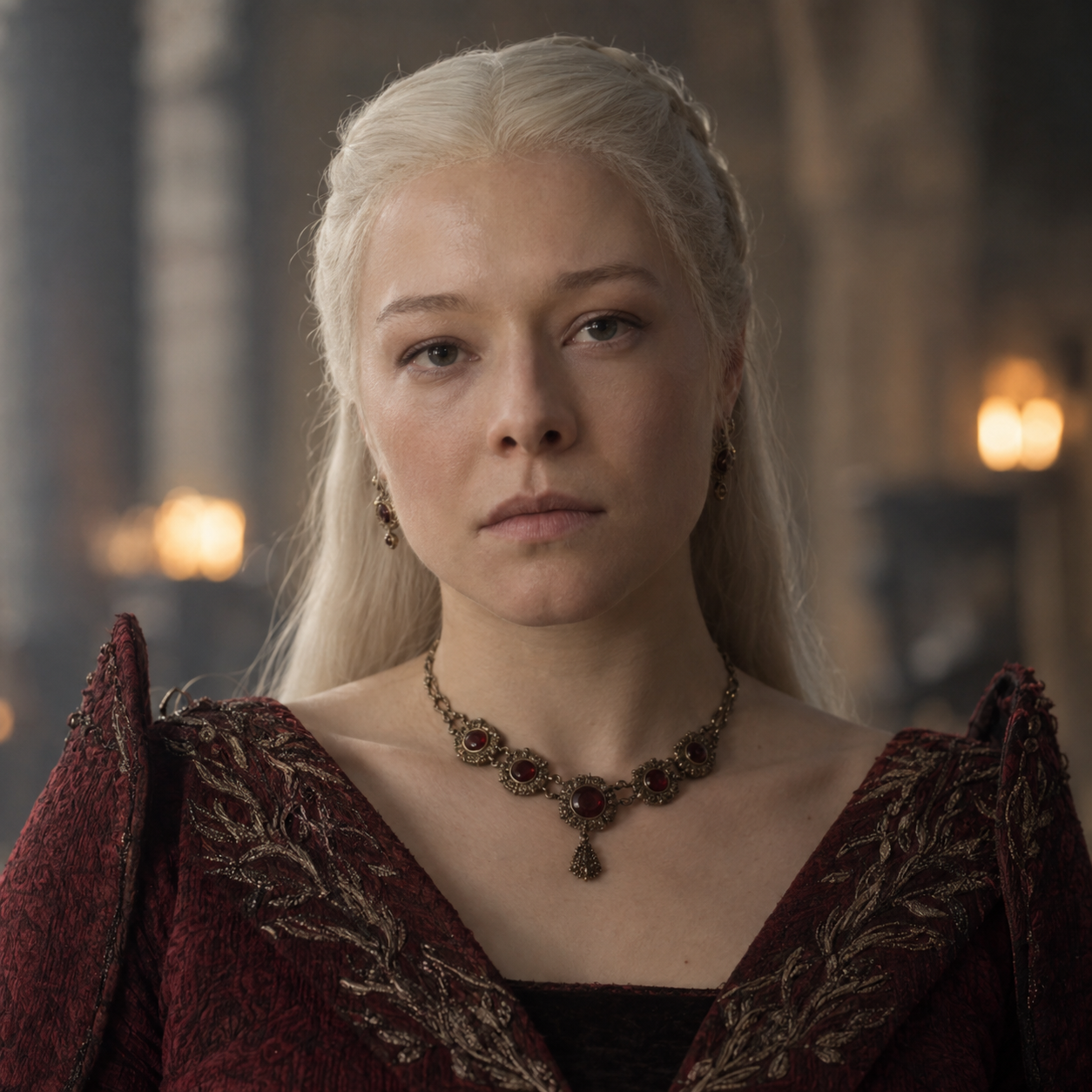 Emma D'Arcy as Princess Rhaenyra Targaryen in House of the Dragon, in a head-and-shoulders character portrait.
