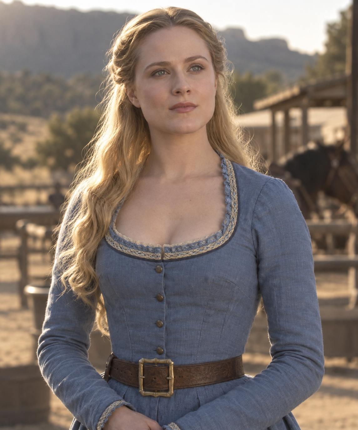 Evan Rachel Wood as Dolores Abernathy, wearing a blue Western dress on a sunlit frontier street.