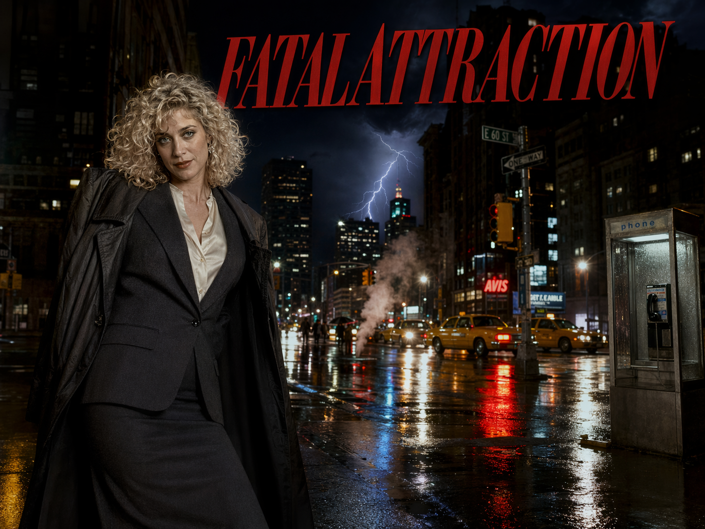 Lizzy Caplan as Alex Forrest with curly platinum hair in an 80s power-shouldered suit on a rain-slick 1980s Manhattan street at night with lightning and yellow cabs behind her, Fatal Attraction title overlay.