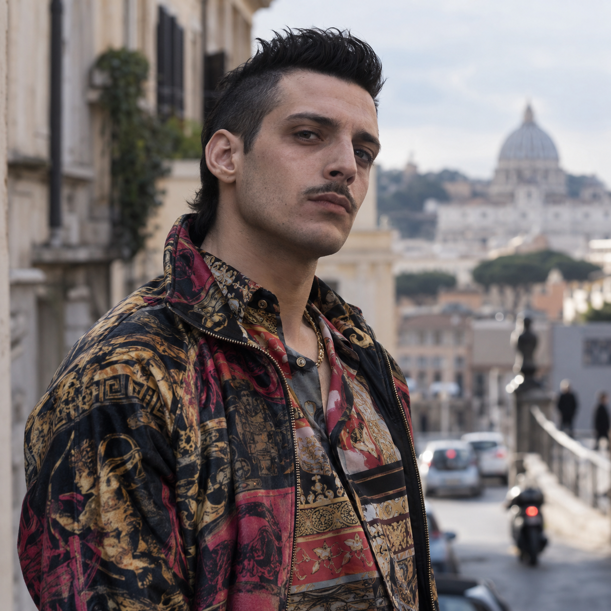 Giacomo Ferrara as Spadino, wearing a patterned shirt with Rome behind him.