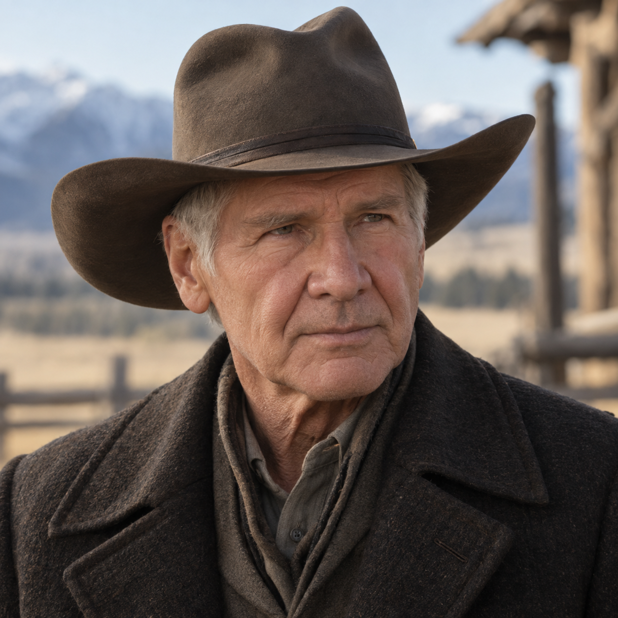 Harrison Ford as Jacob Dutton in 1923, in a head-and-shoulders character portrait.