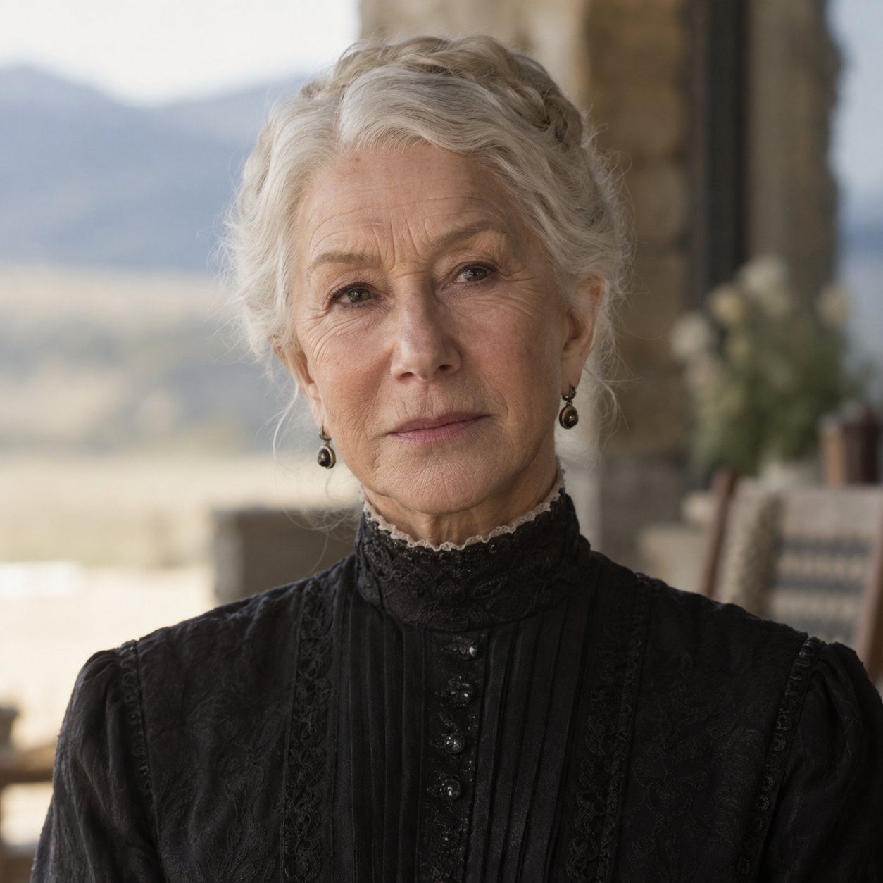 Helen Mirren as Cara Dutton in 1923, in a head-and-shoulders character portrait.
