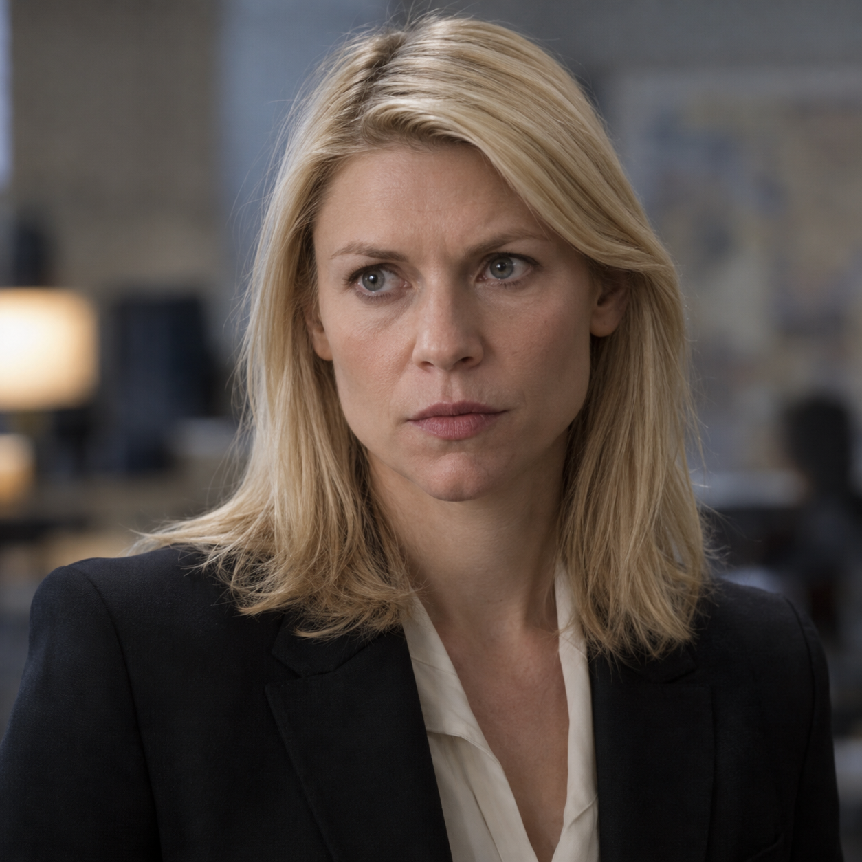Claire Danes as Carrie Mathison in Homeland, in a head-and-shoulders character portrait.