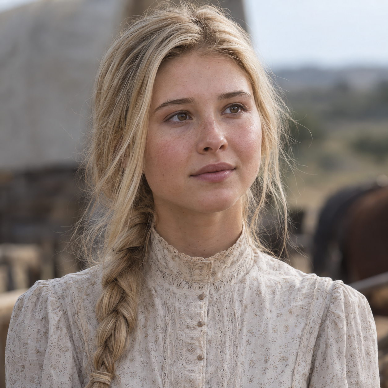 Isabel May as Elsa Dutton in 1883, in a head-and-shoulders character portrait.