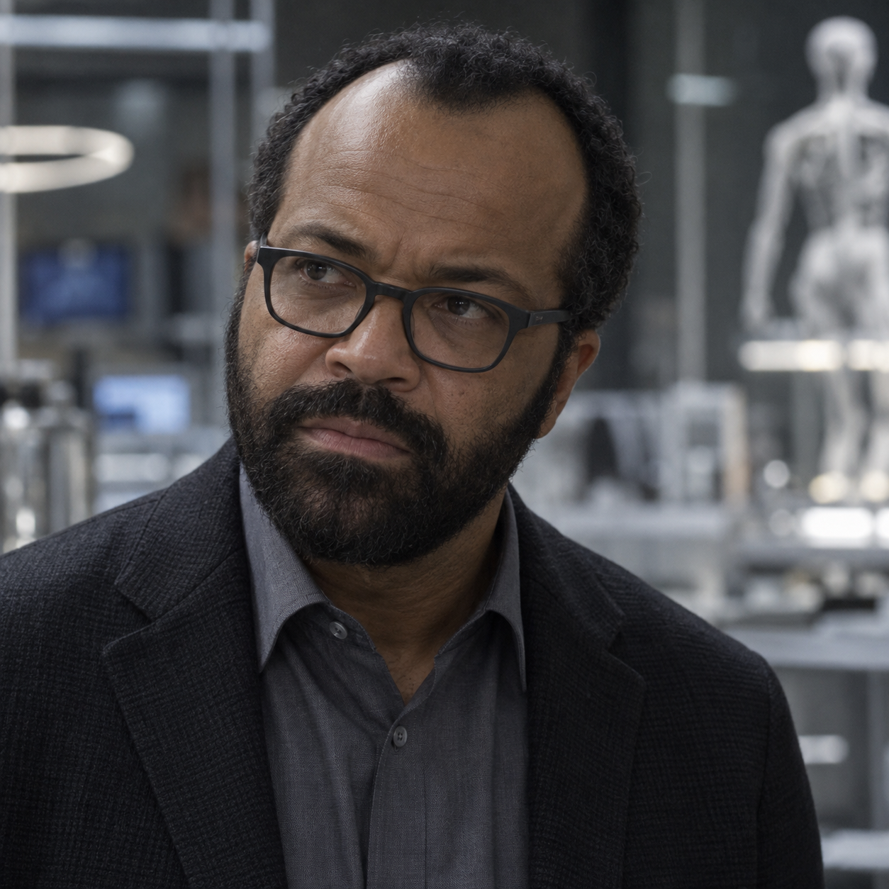 Jeffrey Wright as Bernard Lowe, wearing glasses and a dark jacket in a laboratory.