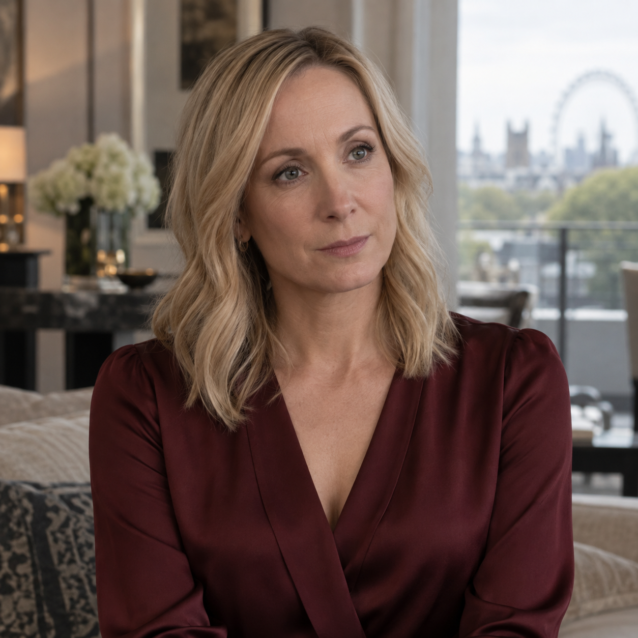 Joanne Froggatt as Jan Da Souza, wearing a burgundy blouse in a contemporary home.
