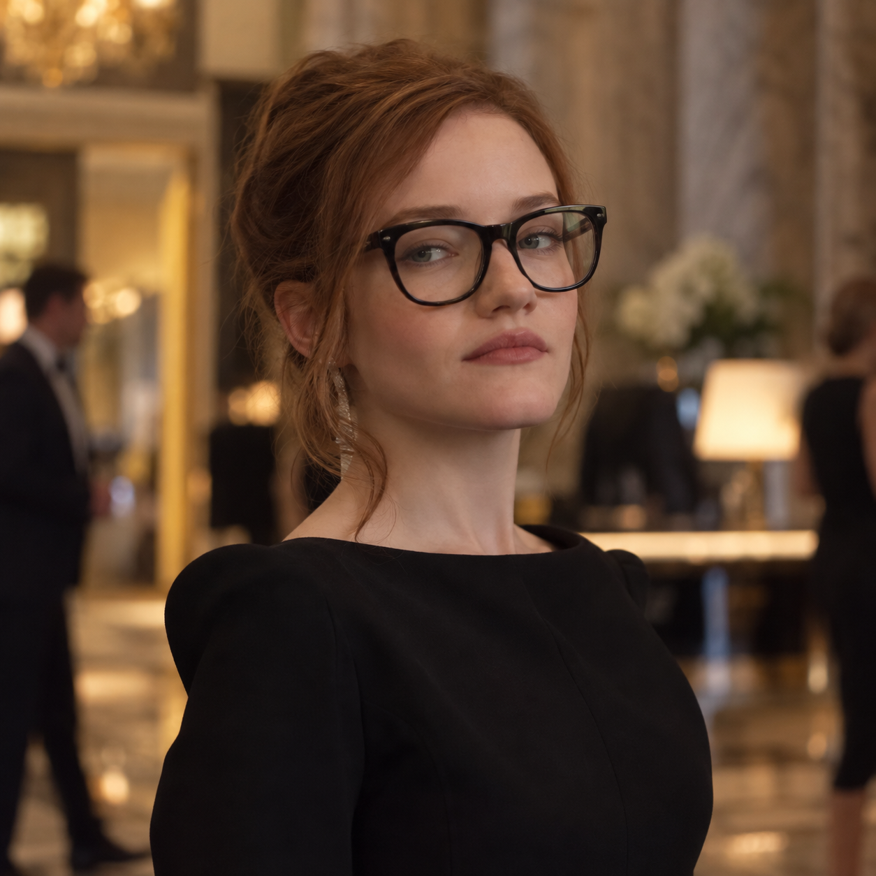 Julia Garner as Anna Delvey wearing dark-framed glasses and a black dress in a hotel interior.