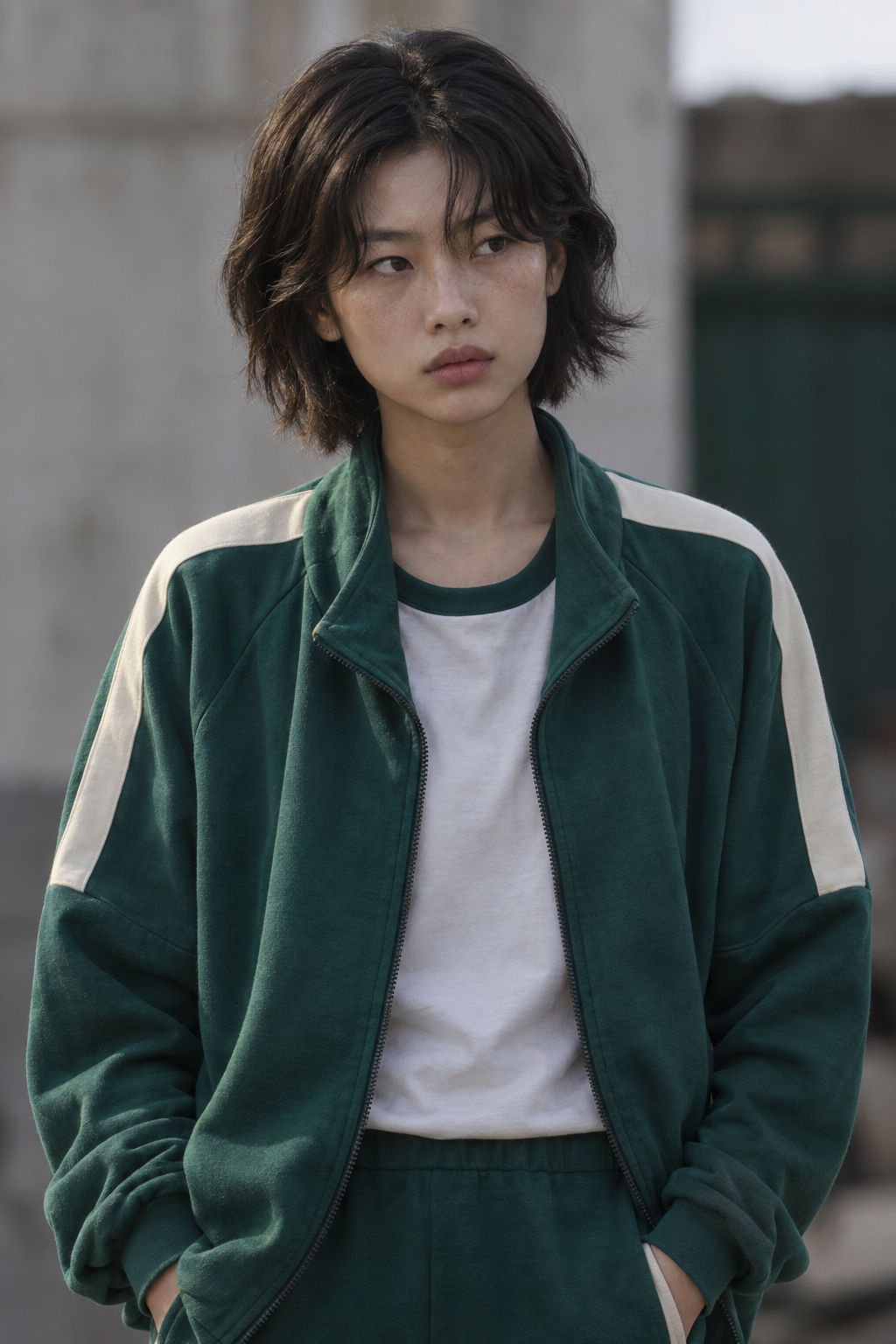 Jung Ho-yeon as Kang Sae-byeok, wearing a green tracksuit and white shirt in a courtyard.