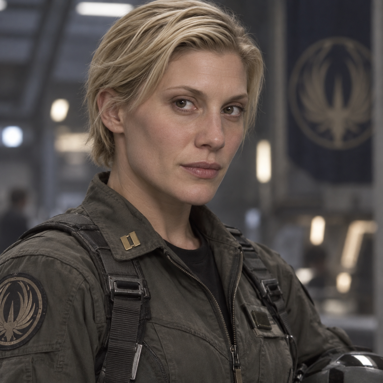 Head-and-shoulders portrait of Katee Sackhoff as Kara “Starbuck” Thrace in Battlestar Galactica.