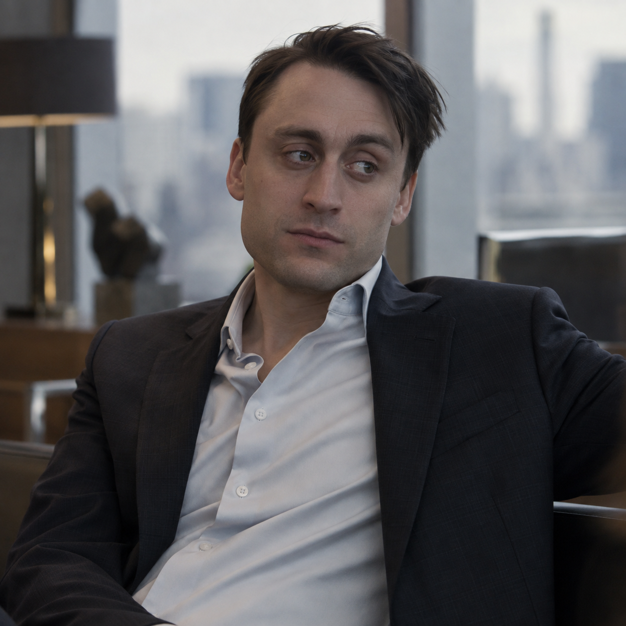 Kieran Culkin as Roman Roy, wearing a dark suit and open-collar shirt in an office.