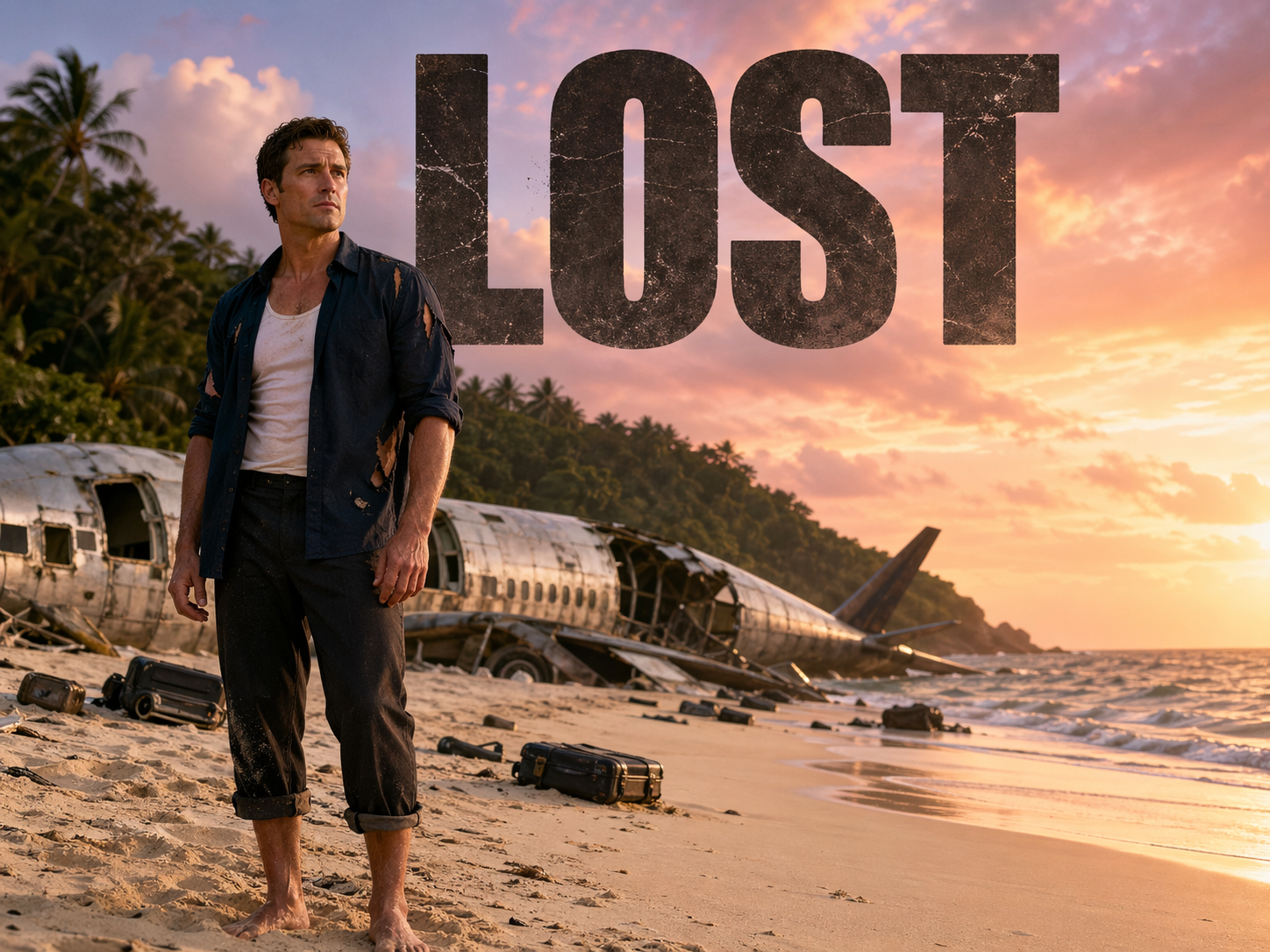 Matthew Fox as Dr Jack Shephard barefoot on a tropical beach at dawn with the wreckage of Oceanic 815 and scattered luggage behind him, Lost title overlay.