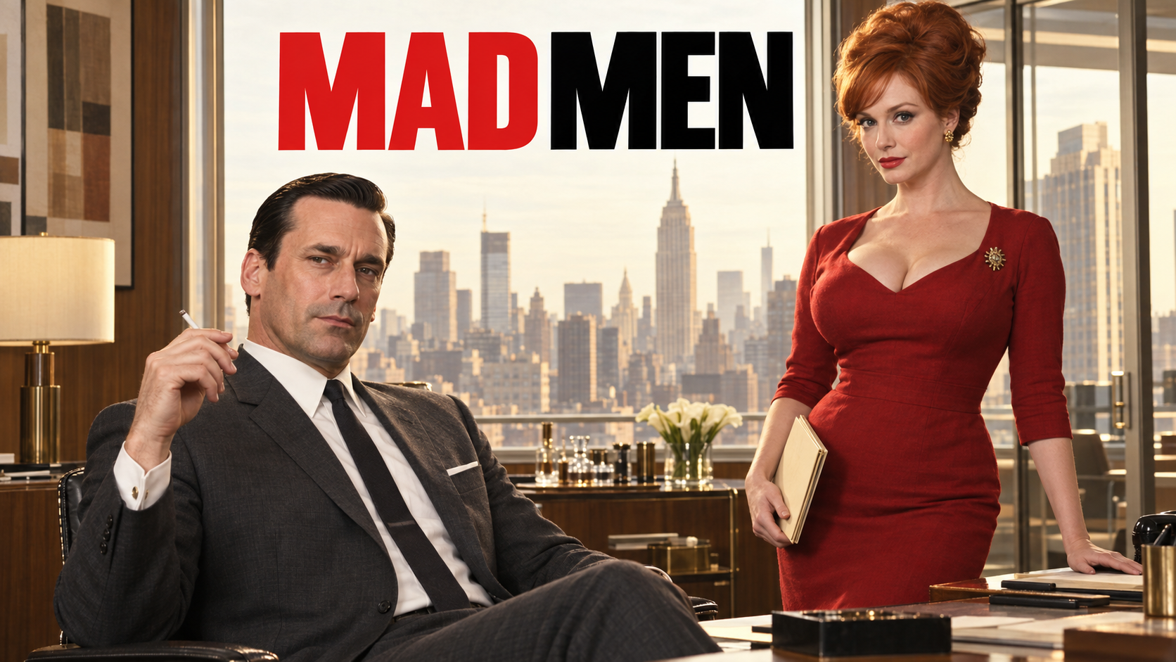 Mad Men cover with Jon Hamm as Don Draper seated in a dark suit and Christina Hendricks as Joan Holloway in a red dress, beneath the MAD MEN title.