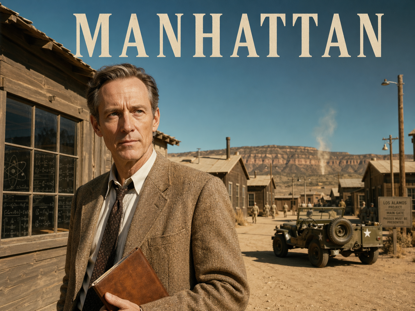 John Benjamin Hickey as physicist Frank Winter in a rumpled tweed jacket on a dusty 1943 Los Alamos research compound street with an army jeep and New Mexico mesa behind him, Manhattan title overlay.