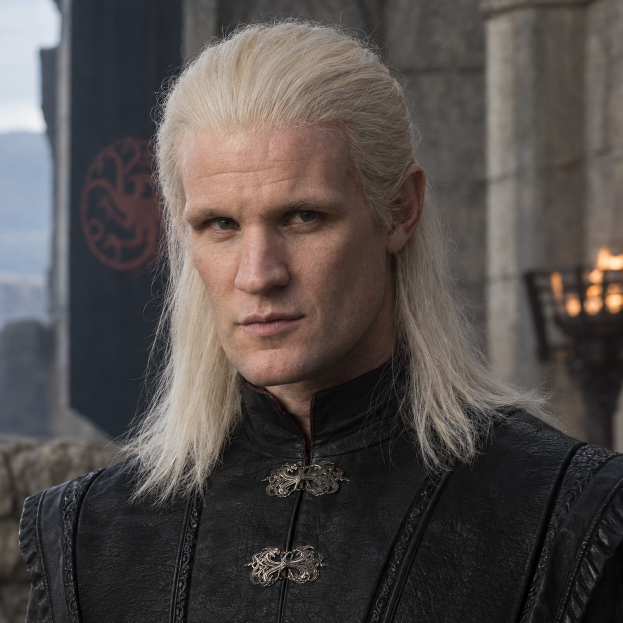 Matt Smith as Prince Daemon Targaryen in House of the Dragon, in a head-and-shoulders character portrait.