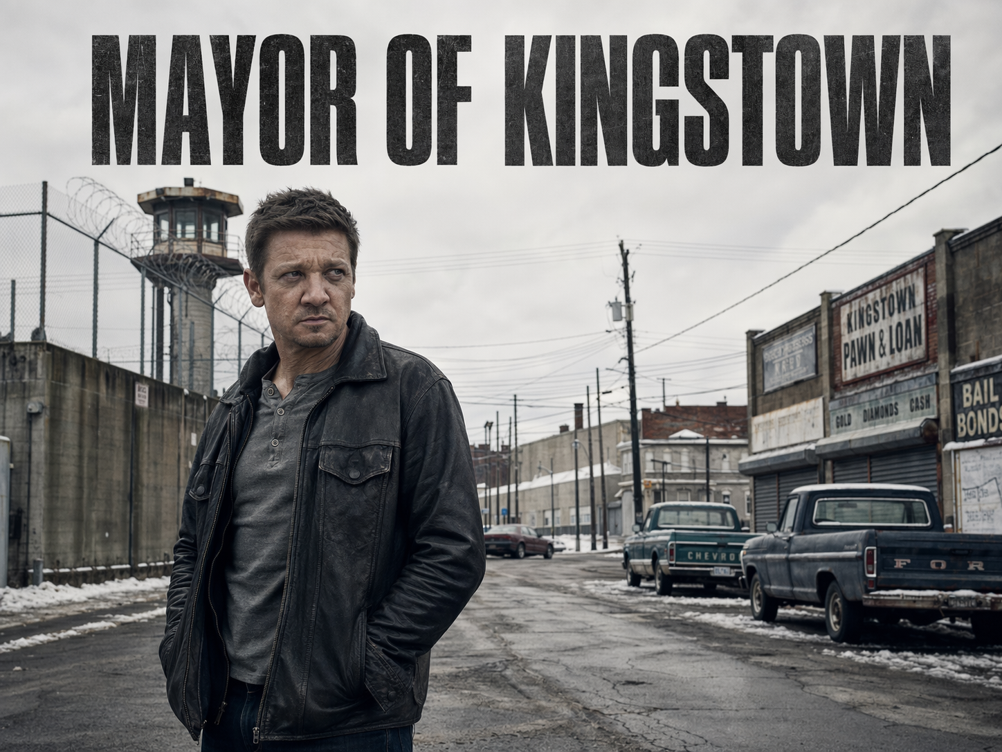 Jeremy Renner as Mike McLusky on Main Street in a Michigan prison town with the penitentiary guard tower behind him, Mayor of Kingstown title overlay.